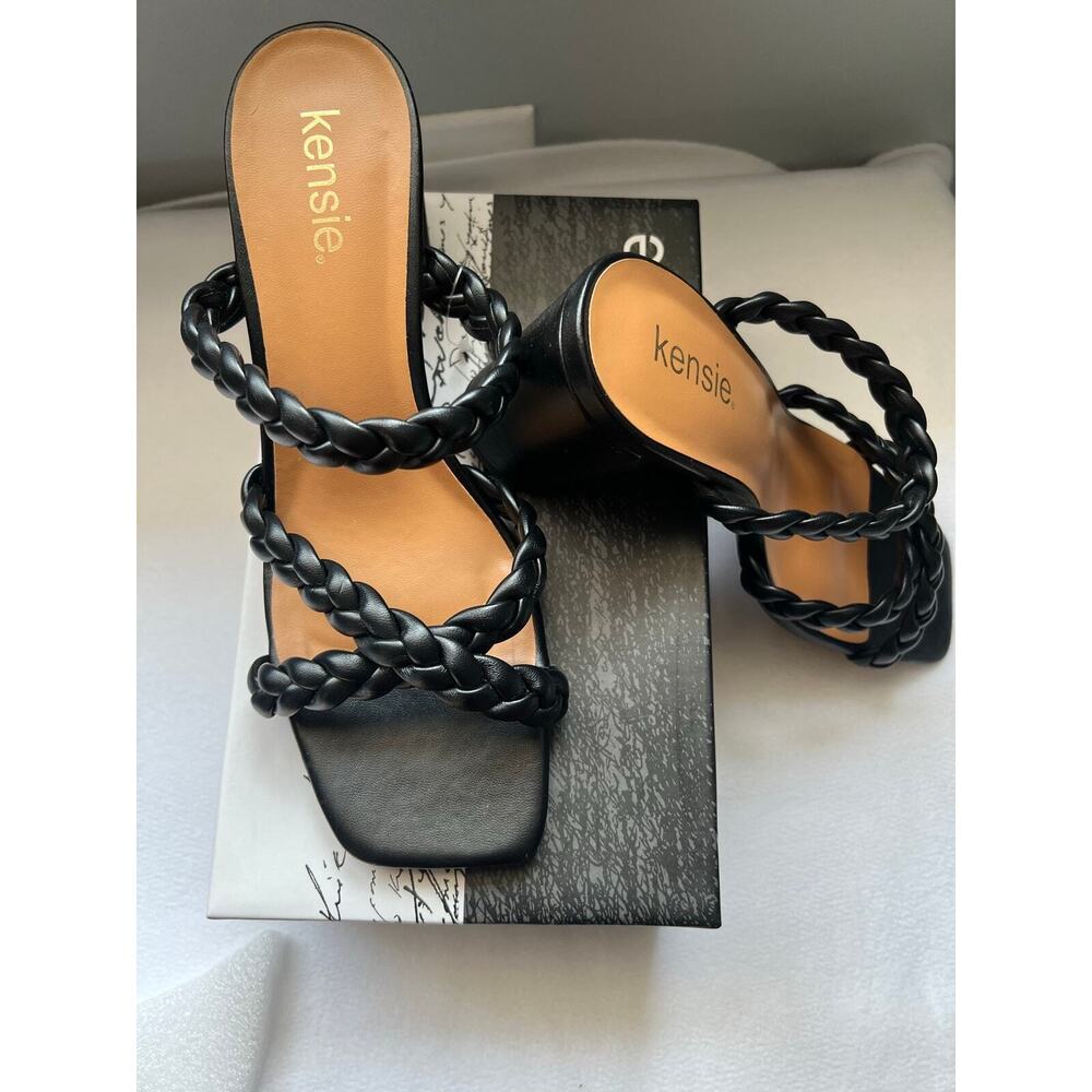 Kensie Keilani Braided Strap Black Faux Leather Block Heeled Sandals Size 9 NIB